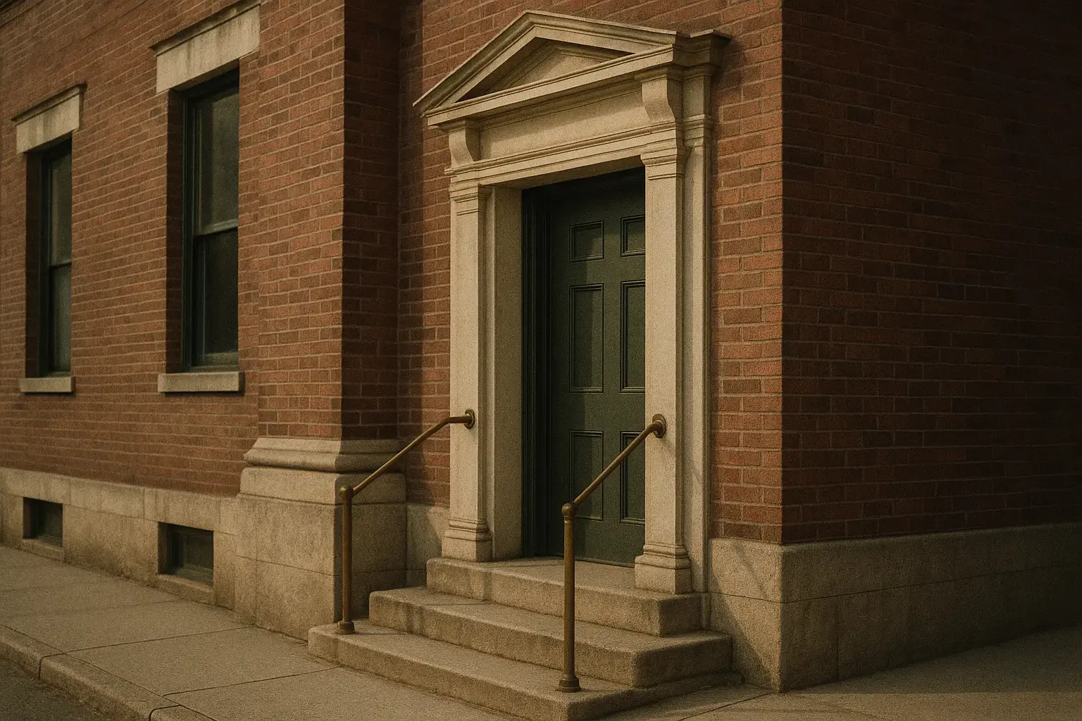 The stone entrance of a small brick bank building with a deep green door