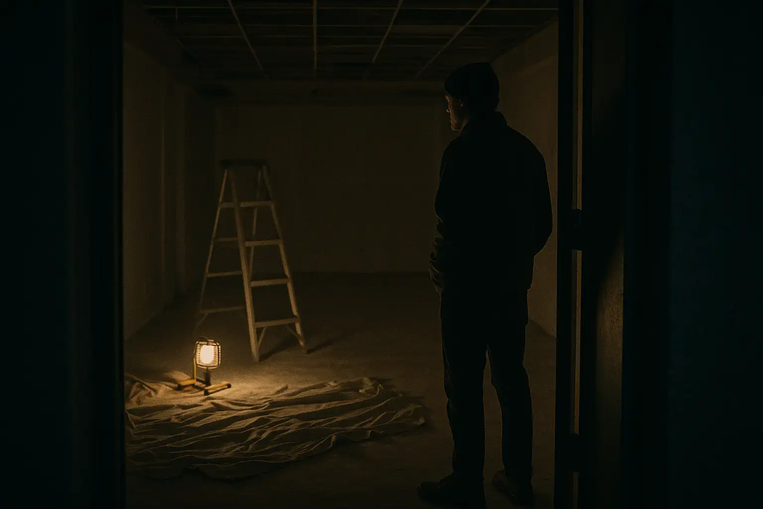A person pausing in the doorway of an empty retail space under renovation at dusk