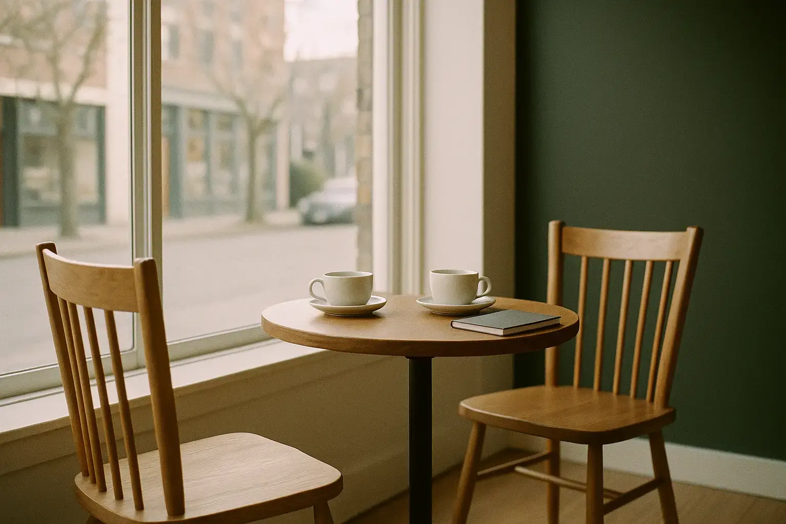 Two chairs at a small table by a storefront window with two cups of coffee and a notebook