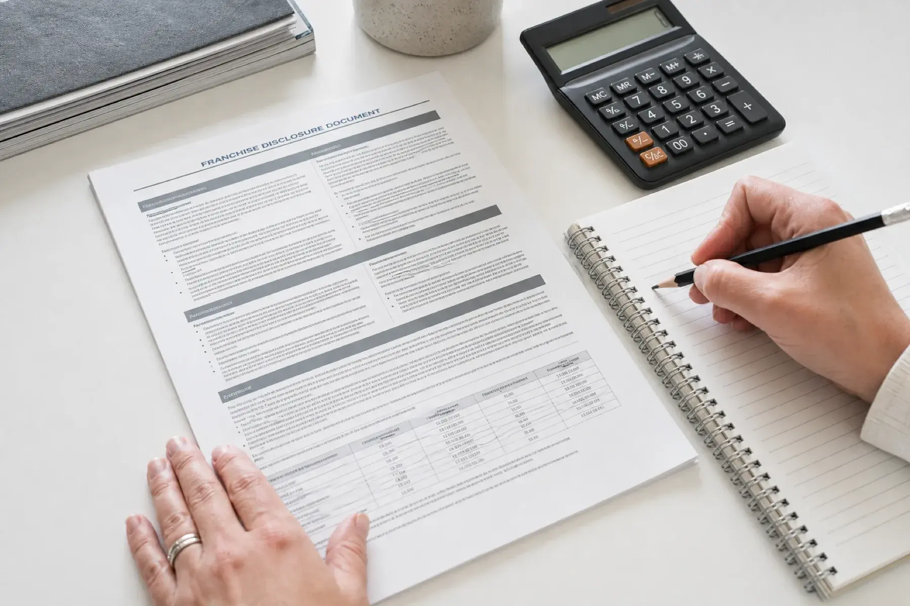 A franchise disclosure document open on a desk with notes