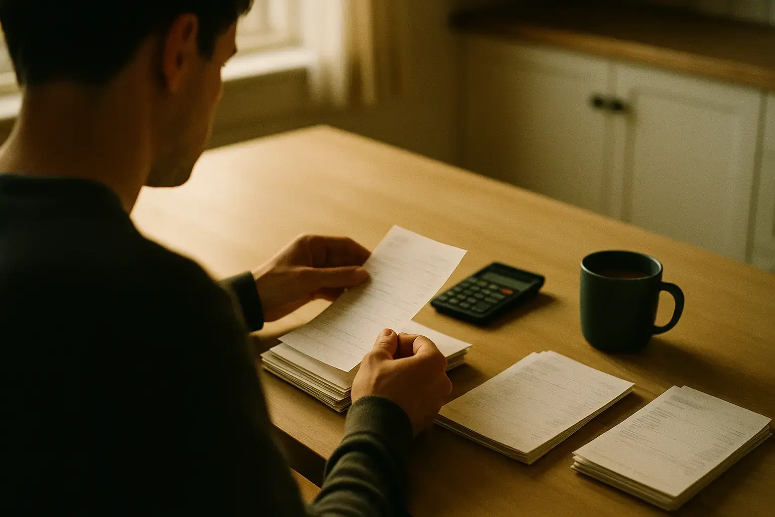 A person sorting bank statements at a kitchen table in early morning light