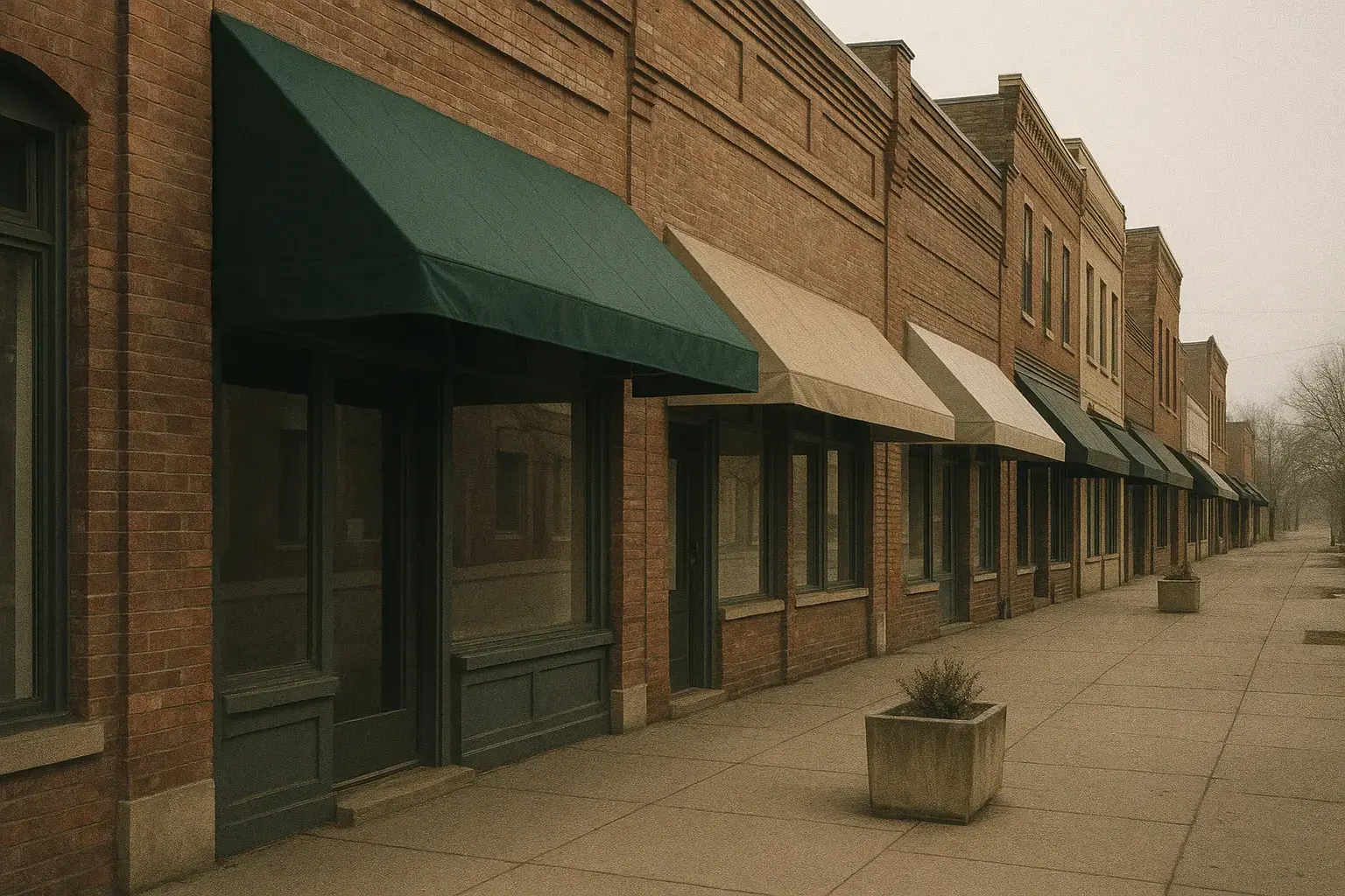 A quiet street of small storefronts with plain awnings in morning light