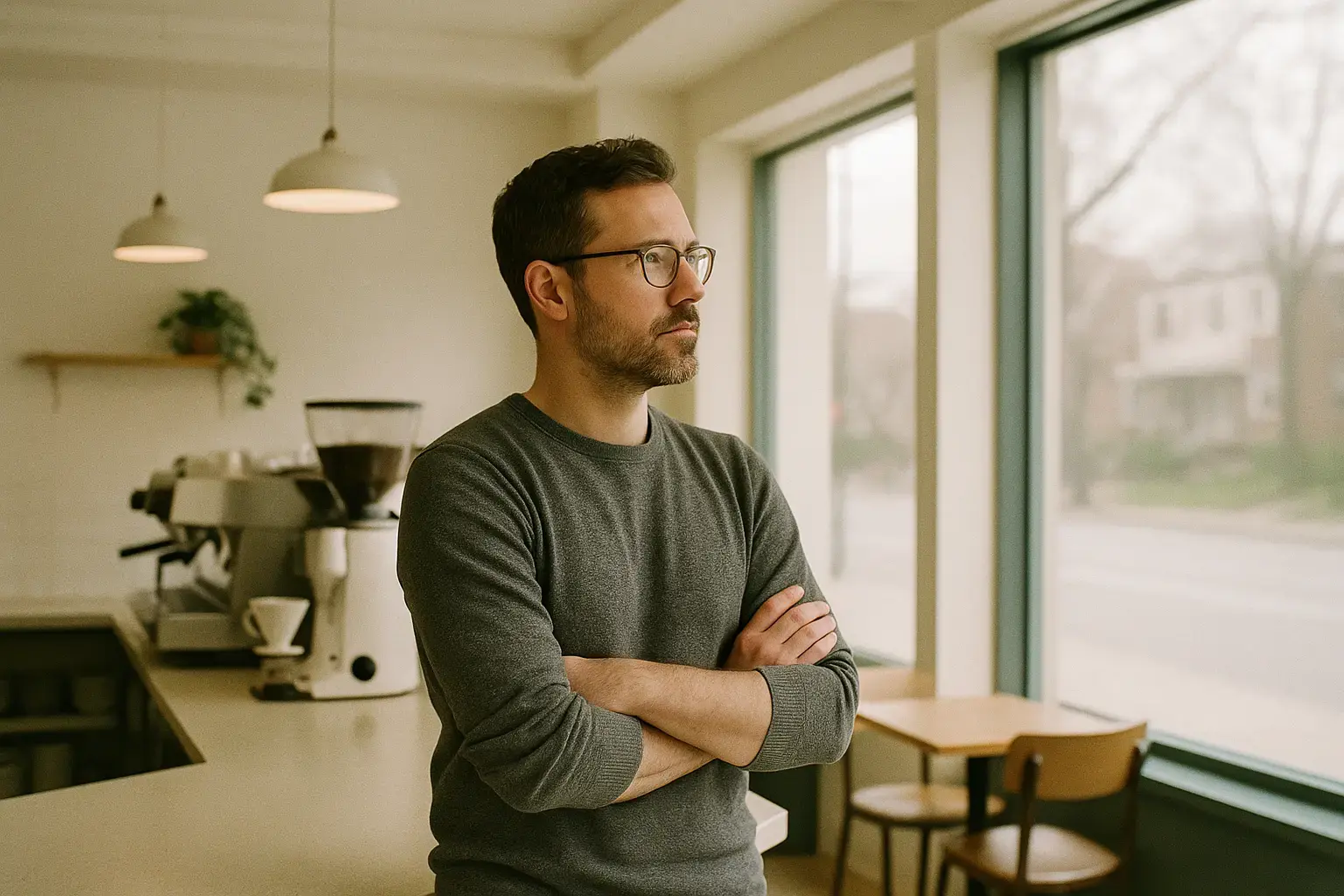 A prospective owner standing at the counter of a small cafe, looking out the window