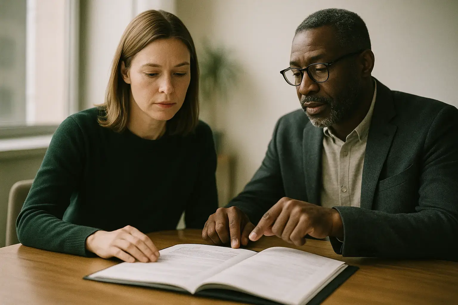 Two people reviewing a folder of loan paperwork at a wooden table