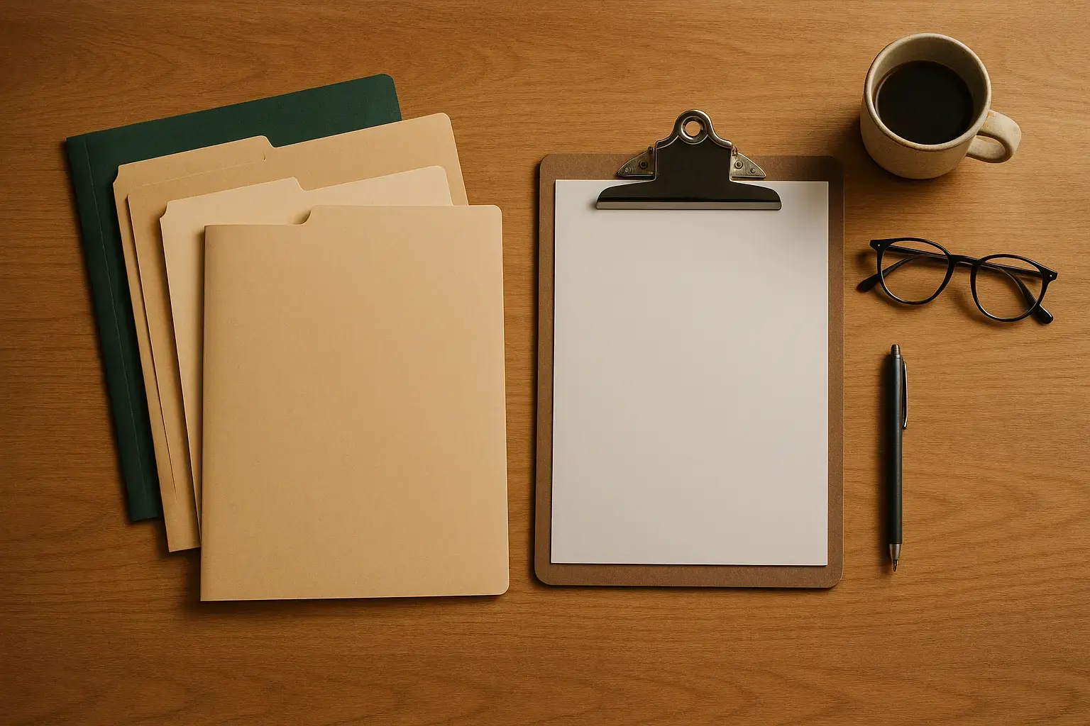 An organized desk with folders, a clipboard, and reading glasses seen from above